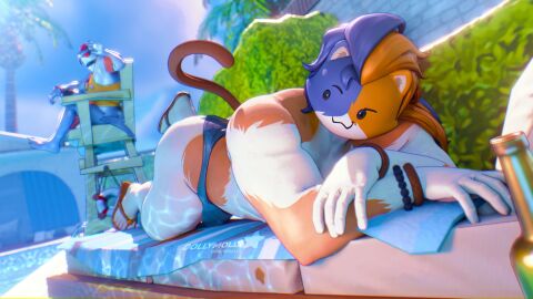 3d absurd_res clothed clothing digital_media_(artwork) dollymolly323 domestic_cat epic_games eyewear felid feline felis fish fortnite fur gay genitals group hair headgear hi_res male male/male male_only mammal marine meowscles offering_ass penis purradise_meowscles safety_first_steve shark sunglasses tail teasing trio