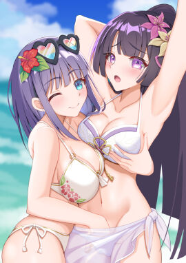 2girls armpits bare_arms bare_shoulders bikini black-framed_eyewear black_hair blue_eyes blue_sky blurry blurry_background breasts brown_flower cleavage cloud cloudy_sky collarbone commentary_request day depth_of_field eyewear_on_head female fingering flower glasses groin hair_flower hair_ornament hand_in_another's_bikini hand_in_bikini heart heart-shaped_eyewear hibiscus iseshi large_breasts lily_(princess_connect!) lily_(summer)_(princess_connect!) long_hair medium_breasts misora_(princess_connect!) misora_(summer)_(princess_connect!) multiple_females multiple_girls outdoors ponytail princess_connect! purple_eyes purple_flower purple_hair red_flower sarong sky swimsuit very_long_hair water white_bikini yuri