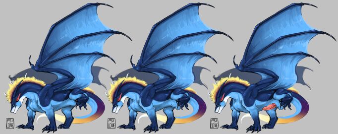 2017 animal_genitalia anthro balls blonde_hair blue_body dragon erection feral fully_sheathed genitals gradient_body hair hi_res horn i-psilone looking_at_viewer male male_feral membrane_(anatomy) membranous_wings multiple_images mythological_creature mythological_scalie mythology penis pink_body pink_penis purple_body raised_leg scalie sheath simple_background solo standing teryx_commodore white_body wings yellow_body yellow_eyes