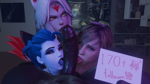 1boy 3d 3d_model 3d_render 3girls ahri black_lipstick blizzard_entertainment blowjob cock_worship collaborative_fellatio cooperative_fellatio crossover cute dark-skinned_male dark_skin excovacado eye_contact fellatio female foursome heather_mason huge_cock league_of_legends licking_penis male multiple_females multiple_girls nyl_widowmaker oral overwatch overwatch_2 penis petite ponytail pov silent_hill silent_hill_3 slim teamwork teenager triple_fellatio tv weird_crossover widowmaker