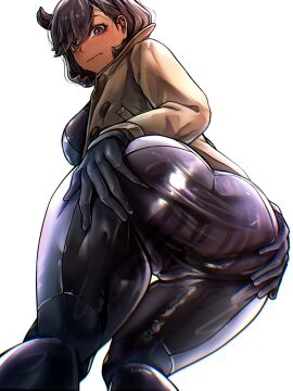 1girls ass ass_focus ass_support backboob big_ass big_breasts black_bodysuit black_hair blush bodysuit breasts brown_jacket bubble_ass bubble_butt clothing dat_ass emma_(pokemon) female female_only game_freak hair hands_on_ass huge_ass huge_breasts jacket looking_back nintendo pokemon pokemon_legends:_z-a purple_eyes short_hair solo solo_female spread_ass spreading thick_thighs thighs tight_clothing white_background wldud9_9