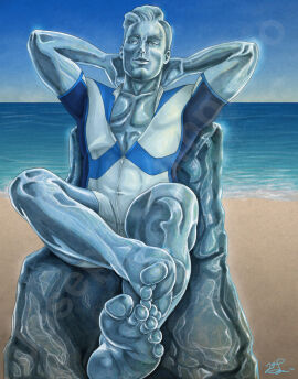 1boy arms_behind_head artist_signature beach bobby_drake feet gay gay_male ice ice_man jgiampietro legs_crossed male male_feet marvel marvel_comics pinup swimsuit x-men