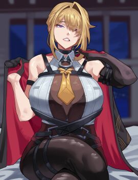 1girls absurdres arapanchi arm_strap armpit_crease asymmetrical_gloves bare_shoulders black_choker black_gloves black_jacket black_pants blonde_hair breasts chest_harness choker collared_shirt crossed_legs elbow_gloves evelyn_chevalier female gloves hair_intakes hair_over_one_eye half_gloves halter_shirt halterneck hand_up harness high-waist_pants highres holding holding_jacket holding_unworn_clothes jacket large_breasts latex_pants looking_at_viewer medium_hair mismatched_gloves mole mole_under_eye multicolored_jacket necktie o-ring pants parted_lips purple_eyes red_gloves red_jacket shirt single_elbow_glove single_half_glove sleeveless sleeveless_shirt solo swept_bangs tight_clothes tight_pants two-tone_gloves two-tone_jacket unworn_jacket white_shirt wing_collar yellow_necktie zenless_zone_zero