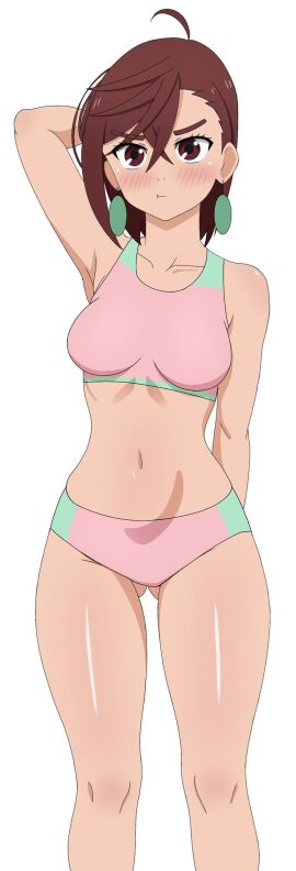 1girls ayase_momo belly_button big_breasts big_thighs big_titties blush_lines breasts brown_eyes brown_hair bushy_eyebrows clothing collarbone crossed_bangs curvaceous dandadan eyebrows_visible_through_hair female female_focus female_only frixtied looking_at_viewer medium_hair pendant_earring pouting simple_background white_background