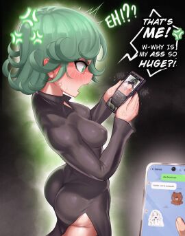 1girls angry ass blush breasts caught caught_in_the_act chat chat_box english_text female genos green_eyes green_hair holding_phone huge_ass looking_at_porn message one-punch_man petite phone phone_screen photo short_hair small_breasts social_media tatsumaki text_message wavy_mouth windmill_(artist)