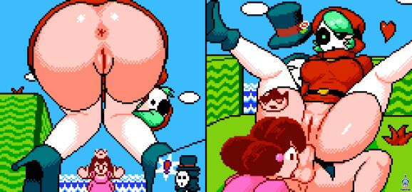 1boy 2girls anal anal_penetration anti_groove anus ass balls crown dress feetfish female gameplay_mechanics heart male male/female mario_(series) nopan penis pixel_art princess princess_peach pussy red_hair shy_gal shy_guy straight sucking_balls sucking_penis super_mario_bros._2 vagina