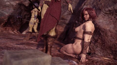 3d 3girls clothed_female_nude_female female female_only green-skinned_female green_skin imminent_oral kneeling multiple_females multiple_girls muscular muscular_female oral orc orc_female original red_hair slave_girl spicebound