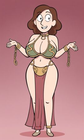 ankle_cuffs anklet anklets arm_cuffs bare_arms bare_legs bare_midriff bare_shoulders bare_thighs belly_button big_breasts bikini bikini_top black_eyes bra bracelet breasts brown_hair brown_shoes chains cleavage collar crossover crossover_cosplay cuffs female gold_(metal) gold_anklet gold_anklets gold_bracelets gold_chain gold_chains gold_collar gold_jewelry gold_ring golden_anklets golden_bracelets golden_chain golden_chains golden_collar golden_ring green_bikini green_bikini_top green_bra hilda_(series) johanna_(hilda) light-skinned_female light_skin loincloth metal_collar midriff navel oddonehere red_background red_loincloth ring shoes short_hair slave slave_bikini slave_collar slave_girl slave_leia_(cosplay) slave_outfit thick_thighs