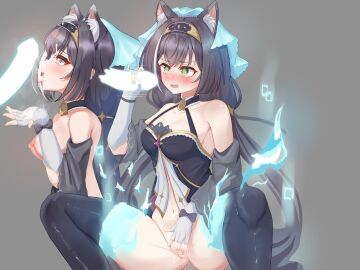 absurdres animal_ear_fluff animal_ears babydoll bare_shoulders black_babydoll black_dress black_hair black_thighhighs blush breasts cat_ears cat_girl censored cleavage craig_(2980ct) cum cum_on_hair cum_on_hands detached_sleeves dress facial female female_masturbation fingerless_gloves glove_ribbon gloves glowing glowing_penis green_eyes handjob headband highres karyl_(overload)_(princess_connect!) karyl_(princess_connect!) kneehighs long_hair low_twintails male masturbation medium_breasts multicolored_hair multiple_views nipples open_mouth penis princess_connect! pussy pussy_juice socks spread_legs strap streaked_hair thighhighs tongue tongue_out topless twintails very_long_hair wavy_mouth white_gloves white_streaks