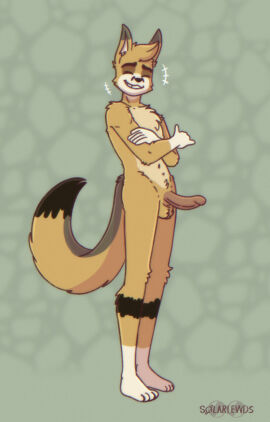 anthro balls brown_body brown_fur canid canine christopher_(zoophobia) closed_eyes crossed_arms digital_media_(artwork) erection fox fur genitals hair hi_res humanoid_genitalia humanoid_penis male mammal multicolored_body multicolored_fur nude penis simple_background smile solarlewds solo tail teeth two-tone_body two-tone_fur zoophobia