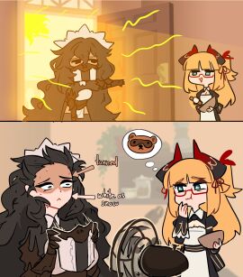 2girls black_hair blonde-haired_female blonde_female blonde_hair blue_eyes centurii-chan clothed clothed_female couple executioner_maid_(centuriic) fan female female_only flareze_(porforever) horns hot_day mask multiple_females multiple_girls original racoon sun sweat sweatdrop sweating tan_lines tan_skin thought_bubble warm yuri