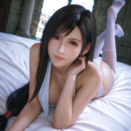1girls 3d_model 3d_render ai_generated beautiful bed black_hair clothed final_fantasy final_fantasy_vii_remake long_socks looking_at_viewer red_eyes tifa_lockhart white_legwear white_lingerie