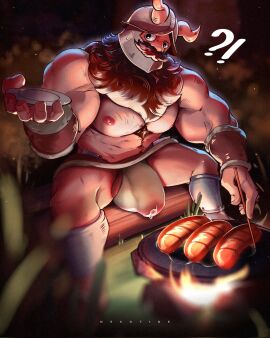 1boy alternate_muscle_size balls balls_peek bara beard body_fur brown_hair bulge cooking cum cum_in_clothes cum_through_clothes dungeon_meshi dwarf facial_hair fake_horns feet_out_of_frame flaccid food foreskin fundoshi gay hairy helmet highres holding holding_plate horned_helmet horns incoming_food japanese_clothes large_bulge large_pectorals long_beard looking_at_viewer male male_focus male_only muscles muscular muscular_male navel navel_hair nipples pectorals penis plate sausage see-through senshi_(dungeon_meshi) sitting solo sparse_chest_hair spread_legs thick_mustache turdburd_art uncircumcised very_long_beard wet wet_clothes wet_fundoshi yaoi