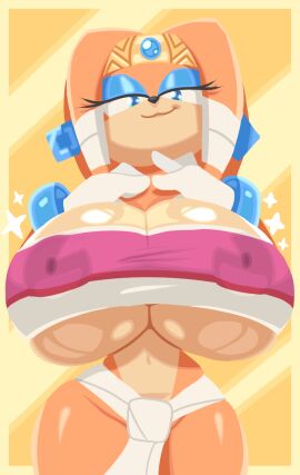 1girls blue_eyelids blue_eyes breasts breasts_bigger_than_head chel_(cosplay) chel_(the_road_to_el_dorado) earrings eyelashes female freshlysqueezed gloves gold_headwear huge_breasts jewelry large_breasts orange_body sonic_(series) tikal_the_echidna underboob