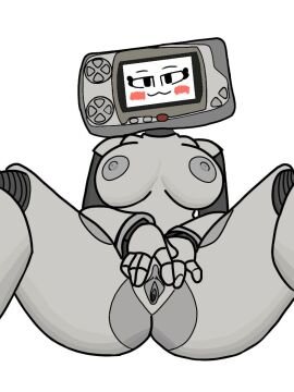1girls :3 bandai big_breasts big_nipples breasts detroiding female female_only fully_nude legs_open looking_at_viewer naked naked_female pussy robot robotic robotic_arm robotic_legs screen_face smile white_background wonderswan