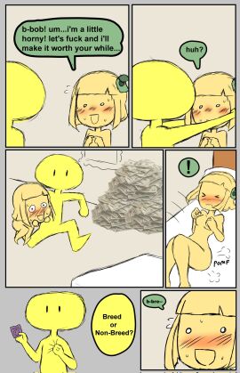 ! 1boy 1girls black_eyes blush bob_(dsand) breasts closed_eyes comic condom dialogue ella_rich_(dsand) english_text female female_focus fingers_together grabbing imminent_sex lewdtoonyguy male medium_breasts money my_ghost_friend orange_body orange_hair sweat text tossing_on_bed yellow_body