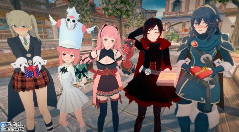 3d 5girls adult_swim angry annoyed bangs bare_legs bare_thighs black_hair blonde_hair blue_eyes blue_hair blush breasts crossover death_battle eastern_and_western_character embarrassed fefreak726 female female_only fire_emblem fire_emblem:_three_houses fire_emblem_awakening gift gloves grey_hair hat hilda_valentine_goneril jakuzure_nonon kill_la_kill large_breasts legs long_hair looking_at_viewer lucina_(fire_emblem) maka_albarn medium_breasts medium_hair multiple_females multiple_girls outdoors pink_eyes pink_hair ponytail presenting rooster_teeth ruby_rose rwby short_hair shy skirt small_breasts smile soul_eater symbol-shaped_pupils thighs toonami twintails