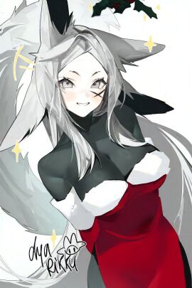 animal_ear_fluff animal_ears bangs bare_shoulders blush breasts christmas dress dya_rikku dya_rikku_(vtuber) female fox_ears fox_tail grey_hair grin jacket large_breasts long_hair looking_at_viewer multi_tail off_shoulder parted_bangs signature smile solo sparkle tail tails virtual_youtuber vyugen wolf_ears wolf_tail