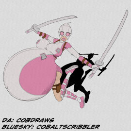 bare_thighs belly belly_button big_belly blonde_female blonde_hair breasts busty cobaltscribbler female gloves gwen_poole gwenpool hood huge_belly huge_breasts hyper_pregnancy hyperpregnancy katana marvel marvel_comics massive_breasts navel outie_navel preg pregnancy pregnant superheroine sword