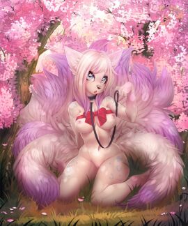 2d against_tree ahri animal_ears artist_request bangs bell blue_eyes blue_sky bow branch breasts bush cherry_blossoms choker day facial_mark falling_petals female flower fox_ears fox_tail furry grass hanami league_of_legends leaves_in_wind long_hair medium_breasts multi_tail navel nipples nude on_grass on_ground open_mouth outdoors petals petals_on_liquid picnic pink_flower pink_hair pink_theme plum_blossoms pussy red_bow ribbon sitting solo spring_(season) tagme tail tails tree under_tree vastaya whisker_markings white_hair wind
