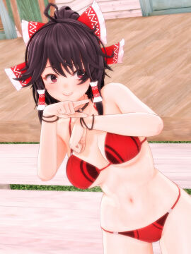 1girls 2023 3d belly_button bikini bracelets breasts female frills human light-skinned_female light_skin mmd neckwear outdoors pointing red_bikini red_bow red_ribbon reimu_hakurei smiling solo_female solo_focus stairs swimsuit touhou wooden_floor yabuinu_mmder