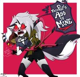 1boy 1girls aless_(corazonarts) ass bare_shoulders big_breasts blush breasts color corazonarts demon demon_boy demon_horns demon_tail english_text female furry hellhound helluva_boss hi_res large_breasts long_hair looking_at_viewer loona_(helluva_boss) male male/female tagme text thick_thighs wolf wolf_ears wolf_girl wolf_tail