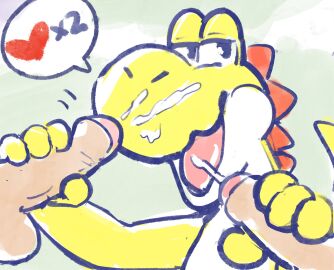 1other 2024 2boys 4_fingers ambiguous_gender anthro biped bodily_fluids countershading cum cum_on_face cum_on_snout digital_drawing_(artwork) digital_media_(artwork) double_handjob dubindore erection fingers foreskin genital_fluids genitals glans group handjob hi_res human human_on_anthro humanoid_genitalia humanoid_hands humanoid_penis interspecies male male/ambiguous mammal mario_(series) multiple_boys multiple_males nintendo open_mouth open_smile orgasm penile penis pink_glans pink_tongue scalie sex smile snout speech_bubble tan_body tan_skin tongue trio uncircumcised white_body white_countershading yellow_body yellow_yoshi yoshi