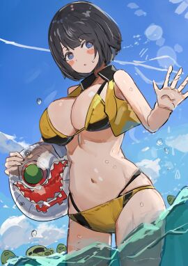 1girls :o beach_ball bikini black_hair blue_eyes blush_stickers bob_cut breasts female gundam gundam_gquuuuuux holding_object large_breasts looking_at_viewer ocean partially_submerged partially_underwater_shot shiiko_sugai short_hair swimsuit the_orphy zaku