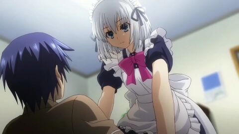 blue_eyes blue_hair brown_eyes date_a_live english_audio english_dialogue english_language female_on_top female_pervert grinding_through_clothes itsuka_shido maid_apron maid_headdress maid_outfit maid_uniform tagme tobiichi_origami video white_hair