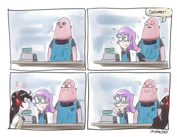 accurate_art_style almost_caught bald black_hair customer female glasses implied_oral internet_controversy male mallorie_jessica_udischas new_guy parody purple_hair straight twitter tyrone whistling