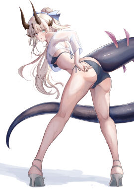 1girls arknights ass bare_shoulders bikini black_bra black_p black_panties blonde_hair blue_bowtie blush bo=_horns bowtie breasts brown_horn dragon dragon_girl dragon_horns dragon_tail female female_only green_eyes heels horn horns long_hair long_legs long_tail looking_at_viewer monster_girl mumi-daohu open_mouth parted_lips reed_(arknights) sandals shirt sweat swimsuit tail variant_set very_long_hair white_shirt