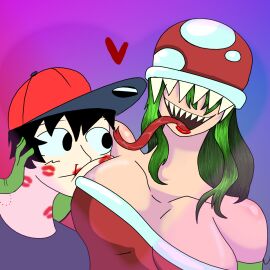 1boy 1girls 2024 baseball_cap big_breasts bite_mark black_eyes breasts female green_hair hair_over_eyes hat heart highres kiss_mark long_tongue looking_at_another making_out male mario_(series) minus8 minus8_(smb_enemies) nosebleed piranha_plant piranha_plant_girl pointy_teeth pre-sex pushing_head smile smiling straight tawagoto_(probros) teeth_showing tongue tongue_out um_idiota_fazendo_videos um_idiota_fazendo_videos_(character) white_skin