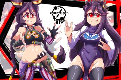 ass big_ass big_breasts big_butt big_thighs big_titties blush breasts clothing cosplay curvaceous curvaceous_female curvaceous_figure curvy curvy_figure curvy_hips drmsenketsu female female_focus female_only filia_(skullgirls) jinx_(league_of_legends)_(cosplay) league_of_legends looking_at_viewer navel purple_hair red_eyes samson_(skullgirls) skullgirls tongue_out toriel_(cosplay) twin_braids undertale