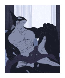 abs absurd_res anthro anthro_male band-aid bandage bed bed_sheet bedding biped cetacean digital_drawing_(artwork) digital_media_(artwork) dolphin fin furniture hi_res inside lying male male_anthro mammal marine muscular muscular_anthro muscular_male nipples oceanic_dolphin on_bed orca solo tail toothed_whale unknown_artist whale