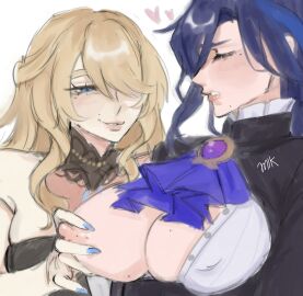 5mikchu big_breasts blonde_female blonde_hair blush boobs_out breast_grab breasts breasts_out clorinde_(genshin_impact) clothed clothed_sex clothing female female_only genshin_impact grabbing grope groping groping_breasts hat hoyoverse mole navia_(genshin_impact) nipples smile smiling tits_out yuri