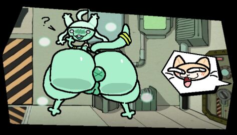 abnormality_(project_moon) anthro anus ass bababooey_(nxyitn) big_butt big_tail blush blush_lines bubble_butt duo fairy_festival felid feline female floating floating_tail floating_whiskers fur genitals glistening glistening_anus glistening_body glistening_butt green_anus green_body green_butt green_vulva huge_butt lobotomy_corporation looking_at_viewer looking_back male mammal multicolored_body multicolored_fur nude nude_female nxyitn offscreen_character one_tooth open_mouth presenting presenting_hindquarters project_moon puffy_anus pussy question_mark screencap screencap_background smile smug tail tan_body tan_fur teeth thick_thighs tongue vulva whiskers white_eyes x_anus