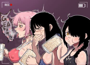 3girls areolae belch big_breasts black_hair bodily_fluids breasts burping chainsaw_man cum cum_burp cum_drinking cum_drip cum_in_container cum_in_jar cum_in_mouth death_devil_(chainsawman) drinking drinking_cum duplicate erect_penis female female_only flat_chest flat_chested freshnsfw gokkun higher_resolution_available large_breasts lil_d_(chainsawman) male multiple_females multiple_girls nayuta_(chainsaw_man) nipple_bulge open_mouth penis pink_hair recording sideboob sisters teenager tongue tongue_out yellow_eyes yoru_(chainsaw_man) young young_female younger_female