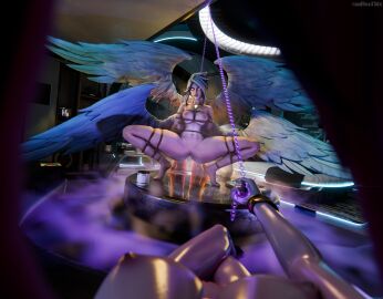1girls 2girls angel angel_wings angry angry_face artist_name bed black_hair bondage bracelet breasts chains clenched_hand clenched_teeth crystal female female_focus female_only female_pov first_person_view glistening_body glistening_skin glowing_crystal glowing_eyes kayle large_breasts league_of_legends looking_at_another looking_at_viewer morgana pale_skin pov purple_skin pussy restrained rope rope_bondage ruadhnait3dx self_upload squatting thick_thighs white_hair