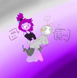 1futa 1girls balls bent_over big_breasts bolt_4200 bottomless breasts clothed clothing collar dialogue duo english_text ere_(bitwily) erection female floating futa_on_female futanari glasses grabbing_from_behind grey_skin huge_balls huge_cock humanoid humanoid_penis hyper_penis intersex iris_(bolt_4200) kneeling partially_clothed penis pink_body pink_penis pink_skin purple_hair robot_girl screen_face sweating text text_bubble thigh_highs thighhighs tv_head tv_woman