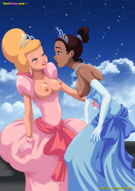 2d 2girls bbmbbf black_hair blonde_hair boobs_out breasts breasts_out charlotte_la_bouff dark-skinned_female dark_skin disney disney_princess dress dress_down exposed_breasts female female_only gloves jpeg lesbian light-skinned_female light_skin multiple_females multiple_girls palcomix princess_tiana surprised the_princess_and_the_frog tiana tiara yuri yurihaven.com