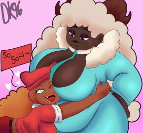 2girls big_breasts breasts chubby chubby_belly chubby_female daisykitty96 dark-skinned_female dark_skin dialogue face_in_breasts face_on_belly female girlfriends hugging sheep_girl speech_bubble trina_(daisykitty96) zadie_(daisykitty96)