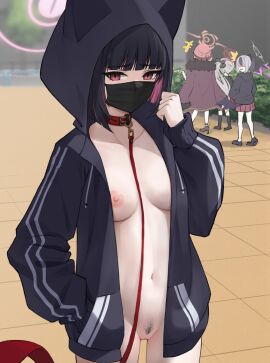 5girls animal_ears aru_(blue_archive) black_hair black_hoodie black_jacket black_mask black_scrunchie black_shoes black_socks blue_archive blunt_bangs breasts cat_ears cat_girl colored_inner_animal_ears colored_inner_hair commentary demon_girl demon_horns english_commentary exhibitionism female female_pubic_hair fur_trim grey_halo hair_ornament hair_scrunchie halo hand_in_pocket haruka_(blue_archive) high_heels highres hood hood_up hoodie horns jacket jacket_on_shoulders kayoko_(blue_archive) kazusa_(blue_archive) kneehighs leash long_hair looking_at_another looking_at_viewer mask mer_lynn mouth_mask multicolored_hair multiple_females multiple_girls mutsuki_(blue_archive) nipples nude pink_hair pink_halo pov problem_solver_68_(blue_archive) pubic_hair public_indecency purple_halo pussy red_eyes red_halo red_jacket red_skirt scrunchie shaded_face shoes short_hair side_ponytail skirt socks two-tone_hair white_hair