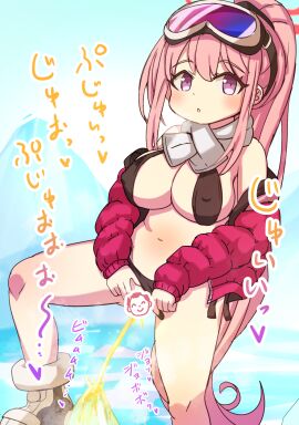 bikini black_bikini blue_archive breasts censored character_censor clothing_aside doodle_sensei_(blue_archive) eimi_(blue_archive) eimi_(swimsuit)_(blue_archive) female goggles goggles_on_head halo hayasaka_(neoneet) highres jacket large_breasts long_hair novelty_censor official_alternate_costume open_clothes open_jacket peeing pink_hair pink_halo ponytail scarf sensei_(blue_archive) solo swimsuit urine white_scarf