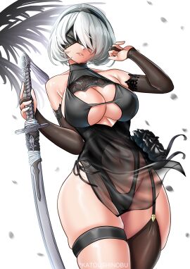 1girls absurdres black_bridal_gauntlets black_hairband black_one-piece_swimsuit blindfold breasts bridal_gauntlets commentary ecchi english_commentary female garter_straps goddess_of_victory:_nikke hairband highres holding holding_sword holding_weapon katou_shinobu large_breasts mole mole_under_mouth navel nier nier:_automata nier_(series) official_alternate_costume one-piece_swimsuit pelvic_curtain see-through_clothes see-through_pelvic_curtain short_hair skindentation solo solo_female standing swimsuit sword virtuous_contract weapon white_hair yorha_2b yorha_2b_(yorha_uniform_1)_(nikke)