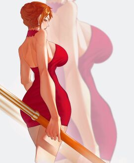 1girls ass bare_legs bare_shoulders bare_thighs big_breasts breasts clima-tact clothed clothing color dress female female_focus female_only hi_res large_breasts light-skinned_female light_skin long_hair looking_at_viewer nami_(one_piece) one_piece orange-haired_female orange_eyes orange_hair post-timeskip shounen_jump siokosho_kinoko solo solo_female tagme thick_thighs whole_cake_island