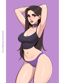 1girls armpits black_hair breasts choker cleavage eyeliner female goth hands_behind_head lipstick long_hair looking_at_viewer mole mole_on_breast navel_piercing nose_piercing original panties posing shmoxi solo tank_top