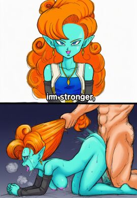 artist_request backshots blue_skin clapping_cheeks defeated dragon_ball fucked_from_behind instant_loss_2koma simple_background son_goku text zangya