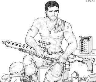 1boy astra_militarum gray_skull guardsman_(warhammer_40k) gun imperial_guard imperium_of_man male male_only monochrome muscular muscular_male scar scars shirtless shirtless_male titus_(gray_skull) warhammer_(franchise) warhammer_40k