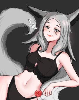 1girls animal_ears artist_name black_panties blush breasts candy closed_mouth dya_rikku_(vtuber) face_markings facial_mark female food fox_ears fox_tail grey_background grey_eyes grey_hair lollipop long_hair looking_at_viewer midriff navel panties silver_hair simple_background smile solo tail underwear virtual_youtuber vyugen white_hair wolf_tail