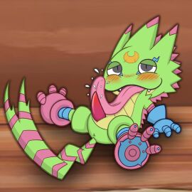 anthro anus autofellatio bandai_namco blush cloacal_penis digimon digimon_(species) digimon_beatbreak digisushi erection gekkomon genitals green_body hi_res looking_pleasured male masturbation oral oral_masturbation penile penile_masturbation penis scalie solo tongue tongue_out